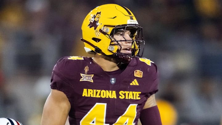Nov 28, 2025; Tempe, Arizona, USA; Arizona State Sun Devils linebacker Keyshaun Elliott (44) against the Arizona Wildcats during the 99th Territorial Cup at Mountain America Stadium. Mandatory Credit: Mark J. Rebilas-Imagn Images Nov 28, 2025; Tempe, Arizona, USA; Arizona State Sun Devils linebacker Keyshaun Elliott (44) against the Arizona Wildcats during the 99th Territorial Cup at Mountain America Stadium. Mandatory Credit: Mark J. Rebilas-Imagn Images
