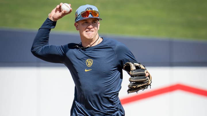 Milwaukee Brewers infielder Cooper Pratt throws to the ball during spring training workouts Tuesday, February 17, 2026, at American Family Fields of Phoenix in Phoenix, Arizona.