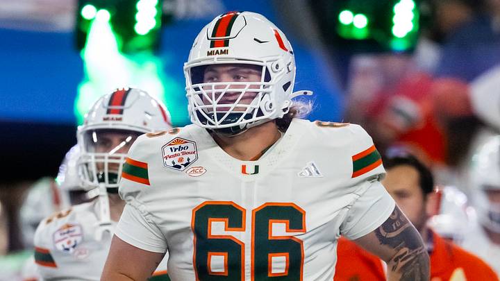 Jan 8, 2026; Glendale, AZ, USA; Miami Hurricanes offensive lineman Max Buchanan (66) against the Mississippi Rebels during the 2026 Fiesta Bowl and semifinal game of the College Football Playoff at State Farm Stadium. Mandatory Credit: Mark J. Rebilas-Imagn Images Jan 8, 2026; Glendale, AZ, USA; Miami Hurricanes offensive lineman Max Buchanan (66) against the Mississippi Rebels during the 2026 Fiesta Bowl and semifinal game of the College Football Playoff at State Farm Stadium. Mandatory Credit: Mark J. Rebilas-Imagn Images