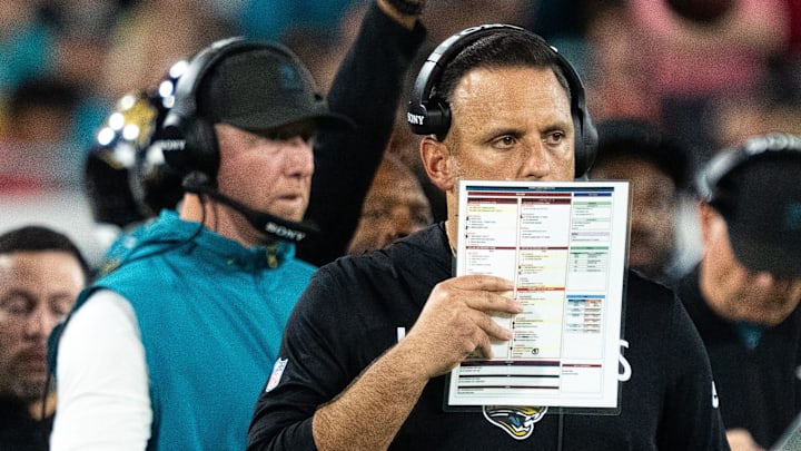 Jacksonville Jaguars defensive coordinator Anthony Campanile calls a play during a Monday Night NFL football game at EverBank Stadium, Monday, Oct. 6, 2025, in Jacksonville, Fla. [Doug EngleFlorida Times-Union]