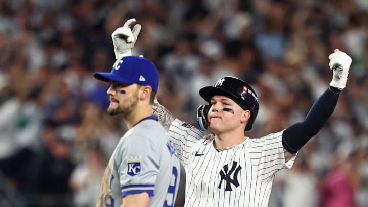 New York Yankees outfielder Alex Verdugo (24) reacts after hitting an RBI single during the eighth inning against the Kansas City Royals during game one of the ALDS for the 2024 MLB Playoffs at Yankee Stadium on Oct 5.