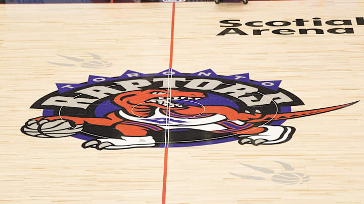 Oct 28, 2019; Toronto, Ontario, CAN; A general view of the Toronto Raptors court logo before a game against the Orlando Magic at Scotiabank Arena. Mandatory Credit: Nick Turchiaro-Imagn Images