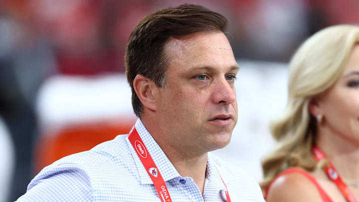 Aug 9, 2025; Glendale, Arizona, USA; Kansas City Chiefs general manager Brett Veach against the Arizona Cardinals during a preseason NFL game at State Farm Stadium. Mandatory Credit: Mark J. Rebilas-Imagn Images