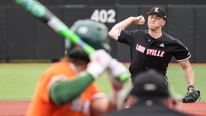 Louisville pitcher Patrick Forbes (1) throws a pitch towards Miami infielder Jake Ogden (4) in the first inning in the NCAA baseball Super Regional game Friday afternoon at Jim Patterson Stadium in Louisville, Kentucky. June 6, 2025