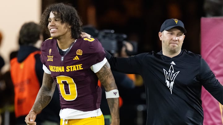 Nov 28, 2025; Tempe, Arizona, USA; Arizona State Sun Devils wide receiver Jordyn Tyson (0) with head coach Kenny Dillingham against the Arizona Wildcats during the 99th Territorial Cup at Mountain America Stadium. Mandatory Credit: Mark J. Rebilas-Imagn Images