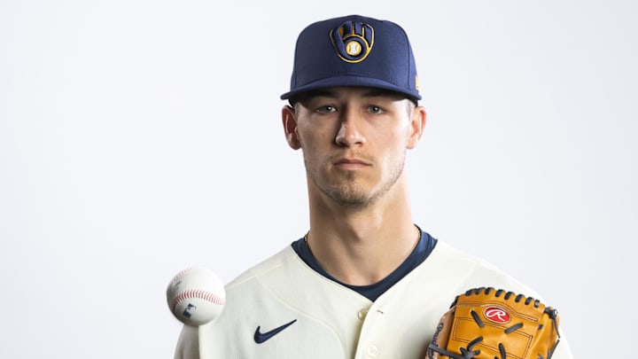Feb 20, 2026; Phoenix, AZ, USA; Milwaukee Brewers pitcher Coleman Crow poses for a portrait during photo day at American Family Fields of Phoenix. Mandatory Credit: Mark J. Rebilas-Imagn Images