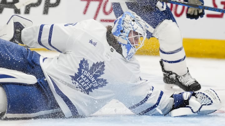 Oct 22, 2024; Columbus, Ohio, USA; Toronto Maple Leafs goaltender Dennis Hildeby (35) dives to cover the puck against the Columbus Blue Jackets during the second period at Nationwide Arena. Mandatory Credit: Aaron Doster-Imagn Images Oct 22, 2024; Columbus, Ohio, USA; Toronto Maple Leafs goaltender Dennis Hildeby (35) dives to cover the puck against the Columbus Blue Jackets during the second period at Nationwide Arena. Mandatory Credit: Aaron Doster-Imagn Images