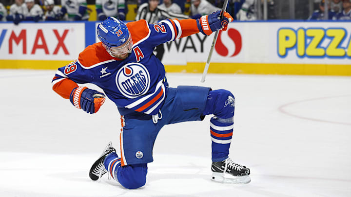 Jan 23, 2025; Edmonton, Alberta, CAN; Edmonton Oilers forward Leon Draisaitl (29) celebrates after scoring a goal against the Vancouver Canucks at Rogers Place. Mandatory Credit: Perry Nelson-Imagn Images