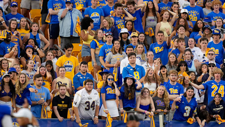 The Pittsburgh Panthers student section boos as an apparent Panthers touchdown is rules incomplete in the first quarter of the NCAA football game between the Pittsburgh Panthers and the Cincinnati Bearcats at Acrisure Stadium in Pittsburgh on Saturday, Sept. 9, 2023. The Bearcats led 20-7 at halftime. The Pittsburgh Panthers student section boos as an apparent Panthers touchdown is rules incomplete in the first quarter of the NCAA football game between the Pittsburgh Panthers and the Cincinnati Bearcats at Acrisure Stadium in Pittsburgh on Saturday, Sept. 9, 2023. The Bearcats led 20-7 at halftime.