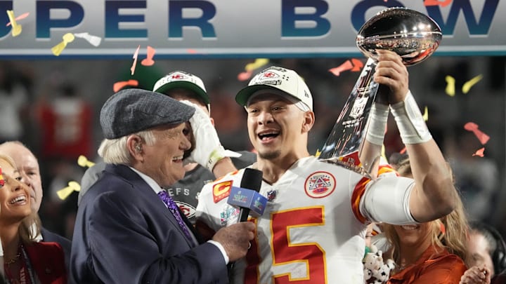 Feb 12, 2023; Glendale, AZ, USA;  Kansas City Chiefs quarterback Patrick Mahomes (15) holds the the