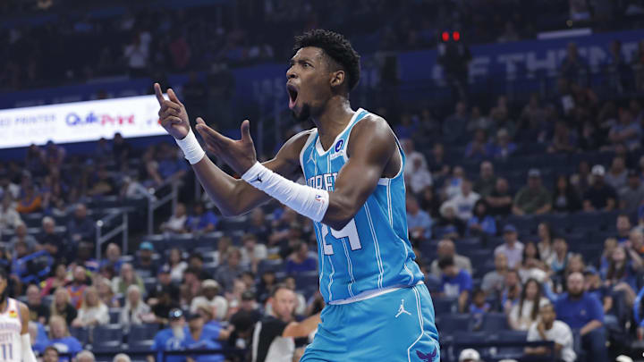 Oct 9, 2025; Oklahoma City, Oklahoma, USA; Charlotte Hornets forward Brandon Miller reacts after a play during the second quarter of a game between the Charlotte Hornets and the Oklahoma City Thunder at Paycom Center. Mandatory Credit: Alonzo Adams-Imagn Images Oct 9, 2025; Oklahoma City, Oklahoma, USA; Charlotte Hornets forward Brandon Miller reacts after a play during the second quarter of a game between the Charlotte Hornets and the Oklahoma City Thunder at Paycom Center. Mandatory Credit: Alonzo Adams-Imagn Images