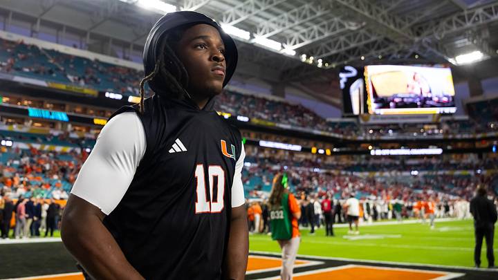 Jan 19, 2026; Miami Gardens, FL, USA; Miami Hurricanes wide receiver Malachi Toney (10) against the Indiana Hoosiers during the College Football Playoff National Championship game at Hard Rock Stadium. Mandatory Credit: Mark J. Rebilas-Imagn Images