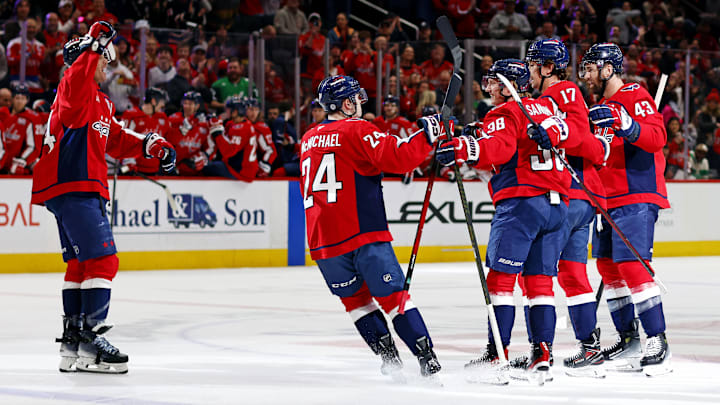Mar 18, 2025; Washington, District of Columbia, USA; Washington Capitals center Dylan Strome (17) celebrates after scoring a goal during the first period against the Detroit Red Wings at Capital One Arena. Mandatory Credit: Peter Casey-Imagn Images