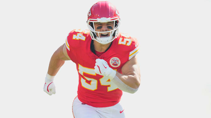 Kansas City Chiefs linebacker Leo Chenal (54) takes the field before the game against the Baltimore Ravens at GEHA Field at Arrowhead Stadium.