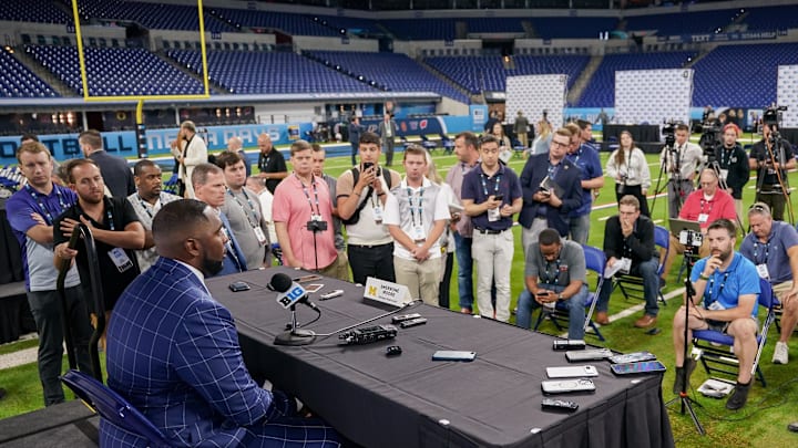 Jul 25, 2024; Indianapolis, IN, USA; Michigan Wolverines head coach Sherrone Moore speaks to the media during the Big 10 football media day at Lucas Oil Stadium. Mandatory Credit: Robert Goddin-USA TODAY Sports