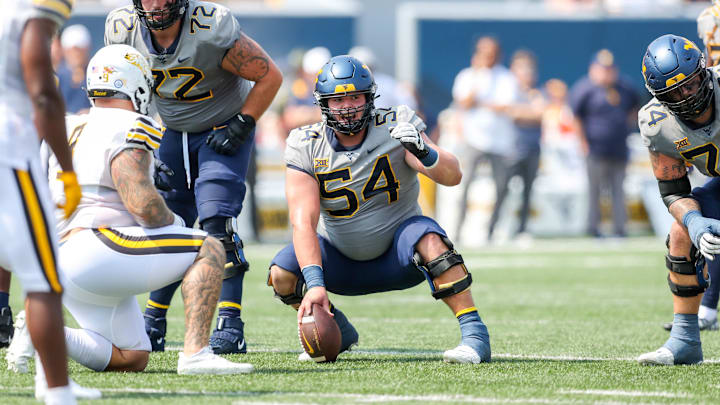 Sep 17, 2022; Morgantown, West Virginia, USA; West Virginia Mountaineers offensive lineman Zach