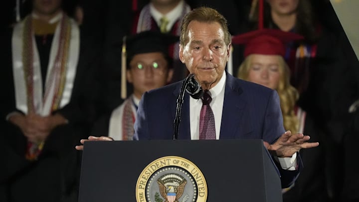 May 1, 2025; Tuscaloosa, AL, USA; Former Alabama football coach Nick Saban introduces President Donald Trump. Trump delivered a special commencement address to University of Alabama graduates at Coleman Coliseum. Graduation occurs over the weekend. 