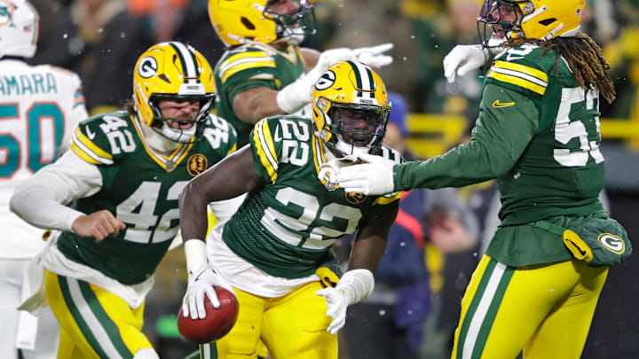 Green Bay Packers cornerback Robert Rochell (22) celebrates after recovering a fumbled punt return against the Dolphins. Green Bay Packers cornerback Robert Rochell (22) celebrates after recovering a fumbled punt return against the Dolphins.