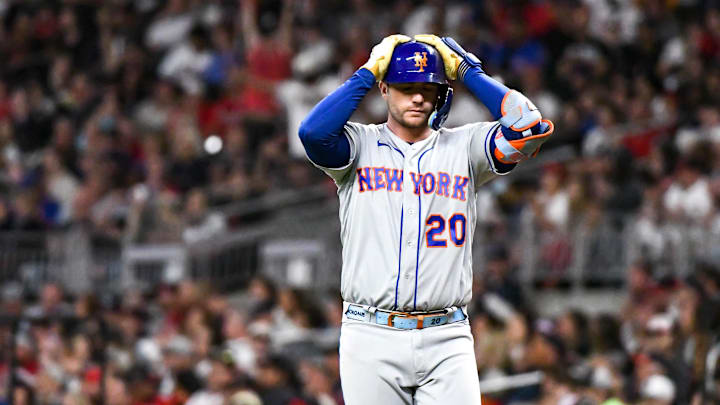 Oct 2, 2022; Cumberland, Georgia, USA; New York Mets first baseman Pete Alonso (20) reacts after