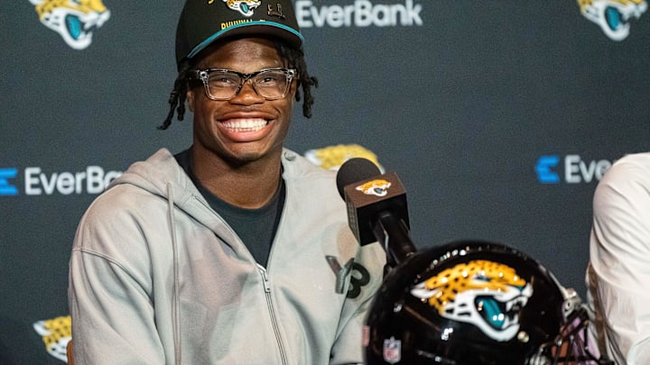 The Jacksonville Jaguars’ first-round pick, Colorado Buffaloes wide receiver and defensive back Travis Hunter, flashes his wide smile during a press conference Friday, March 25, 2025 at Miller Electric Center in Jacksonville, Fla. [Doug Engle/Florida Times-Union]