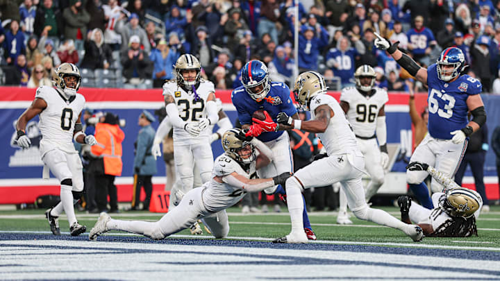 Malik Nabers scored on a two-point conversion against the New Orleans Saints.