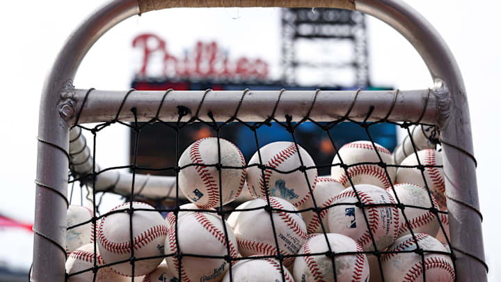 General view of a ball cart with large billboard in background before a game between the Philadelphia Phillies and the Pittsburgh Pirates at Citizens Bank Park. 