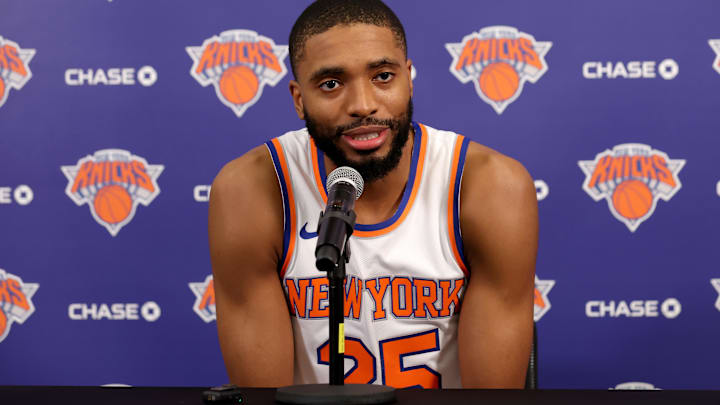 Sep 30, 2024; New York, NY, USA; New York Knicks forward Mikal Bridges speaks during a media day press conference at the MSG training facility in Tarrytown, NY. Mandatory Credit: Brad Penner-Imagn Images