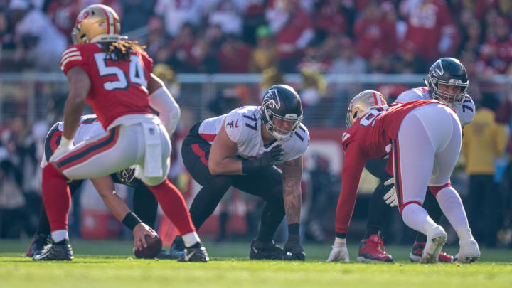 December 19, 2021; Santa Clara, California, USA; Atlanta Falcons guard Jalen Mayfield (77) during the first quarter against the San Francisco 49ers at Levi's Stadium. Mandatory Credit: Kyle Terada-USA TODAY Sports