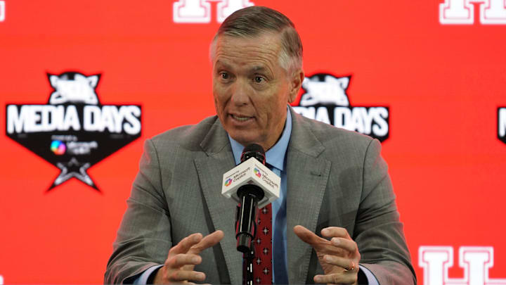 Jul 9, 2025; Frisco, TX, USA; Houston head coach Willie Fritz speaks with the media during 2025 Big 12 Football Media Days at The Star. Mandatory Credit: Raymond Carlin III-Imagn Images