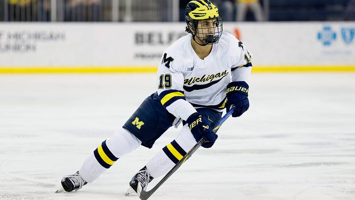 Mar 7, 2025; Ann Arbor, MI, USA;  Michigan Wolverines forward Michael Hage (19) skates against Penn State  during a Big Ten Tournament quarter final game at Yost Arena. Mandatory Credit: Rick Osentoski-Imagn Images