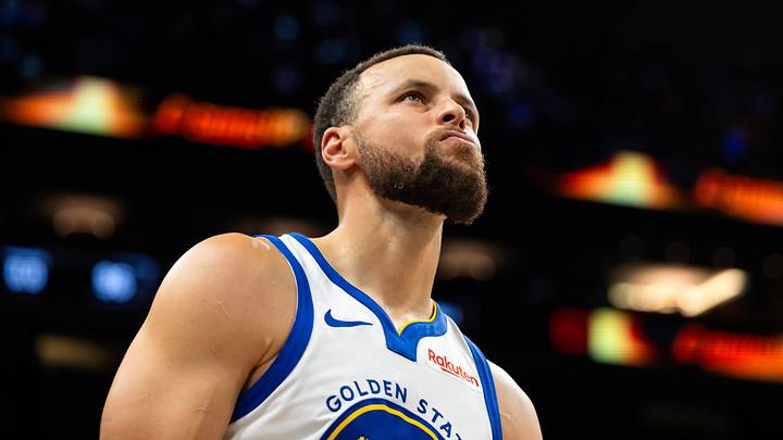 Apr 17, 2026; Phoenix, Arizona, USA; Golden State Warriors guard Stephen Curry (30) reacts against the Phoenix Suns during the play-in rounds of the 2026 NBA Playoffs at Mortgage Matchup Center. Mandatory Credit: Mark J. Rebilas-Imagn Images