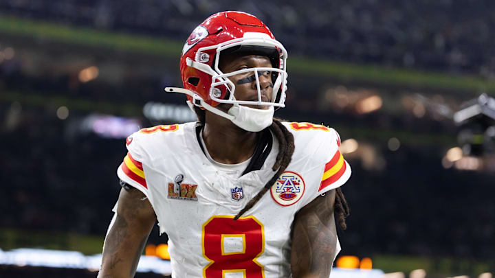 Feb 9, 2025; New Orleans, LA, USA;  Kansas City Chiefs wide receiver DeAndre Hopkins (8) against the Philadelphia Eagles in Super Bowl LIX at Ceasars Superdome. Mandatory Credit: Mark J. Rebilas-Imagn Images