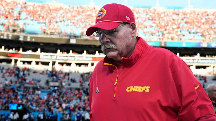 Nov 24, 2024; Charlotte, North Carolina, USA; Kansas City Chiefs head coach Andy Reid walks off the field after the game at Bank of America Stadium. Mandatory Credit: Bob Donnan-Imagn Images