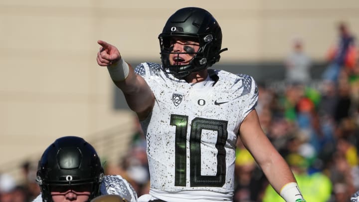 Nov 5, 2022; Boulder, Colorado, USA; Oregon Ducks quarterback Bo Nix (10) calls out during the