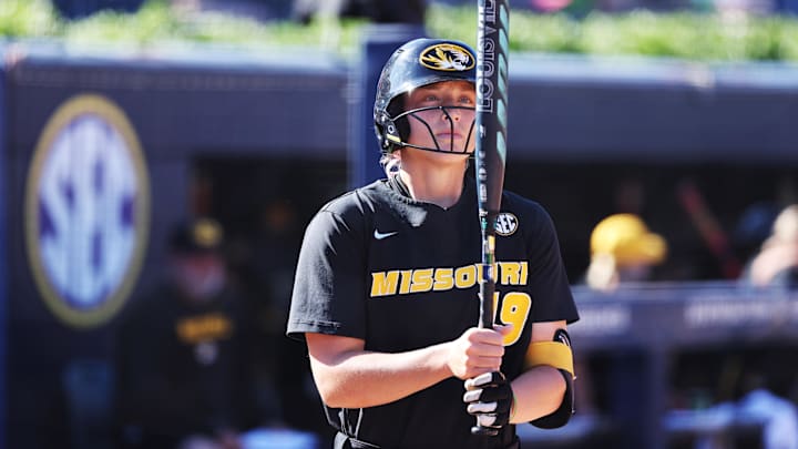 May 9, 2024; Auburn, AL, USA; Missouri Tigers third baseman Kara Daly (19) gets ready to bat against the Florida Gators during the SEC Softball Championship game at Jane B. Moore Field. Mandatory Credit: John Reed-Imagn Images May 9, 2024; Auburn, AL, USA; Missouri Tigers third baseman Kara Daly (19) gets ready to bat against the Florida Gators during the SEC Softball Championship game at Jane B. Moore Field. Mandatory Credit: John Reed-Imagn Images
