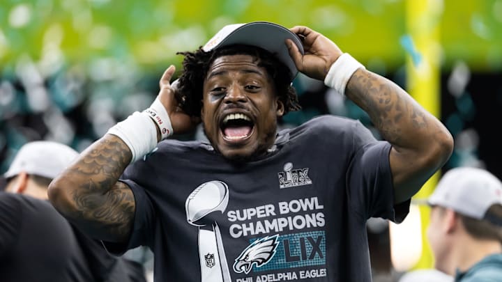 Feb 9, 2025; New Orleans, LA, USA; Philadelphia Eagles   safety C.J. Gardner-Johnson celebrates after defeating the Kansas City Chiefs in Super Bowl LIX at Ceasars Superdome. Mandatory Credit: Mark J. Rebilas-Imagn Images