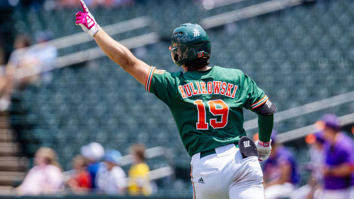 May 23, 2024; Charlotte, NC, USA; Miami (Fl) Hurricanes outfielder Jake Kulikowski (19) celebrates a home run against the Clemson Tigers in the ninth inning during the ACC Baseball Tournament at Truist Field. Mandatory Credit: Scott Kinser-Imagn Images