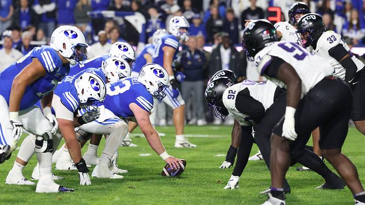 Nov 15, 2025; Provo, Utah, USA; The BYU Cougars offense lines up against the Texas Christian University Horned Frogs defense during the first half at LaVell Edwards Stadium. Mandatory Credit: Rob Gray-Imagn Images