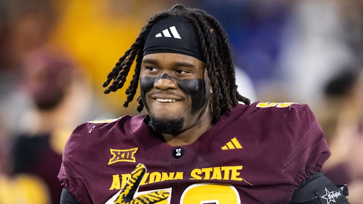 Nov 28, 2025; Tempe, Arizona, USA; Arizona State Sun Devils offensive lineman Max Iheanachor (58) against the Arizona Wildcats during the 99th Territorial Cup at Mountain America Stadium. Mandatory Credit: Mark J. Rebilas-Imagn Images Nov 28, 2025; Tempe, Arizona, USA; Arizona State Sun Devils offensive lineman Max Iheanachor (58) against the Arizona Wildcats during the 99th Territorial Cup at Mountain America Stadium. Mandatory Credit: Mark J. Rebilas-Imagn Images