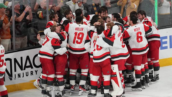 Carolina Hurricanes celebrate the win against the Vegas Golden Knights in game six of the 2026 Stanley Cup Final at T-Mobile Arena. Mandatory Credit: Lucas Peltier-Imagn Images Carolina Hurricanes celebrate the win against the Vegas Golden Knights in game six of the 2026 Stanley Cup Final at T-Mobile Arena. Mandatory Credit: Lucas Peltier-Imagn Images