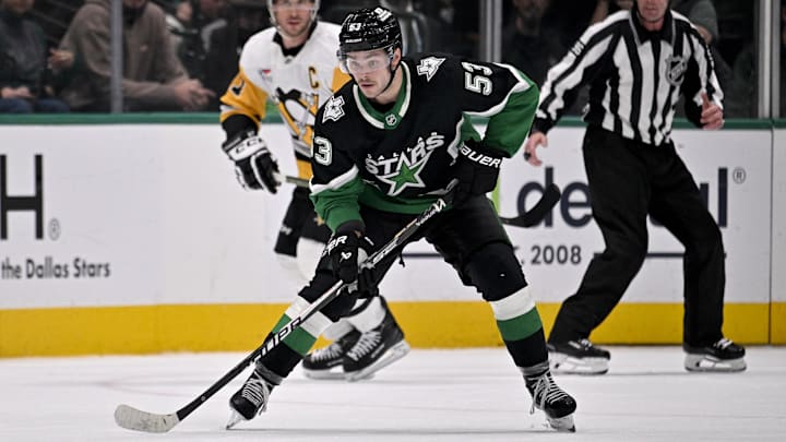 Dec 7, 2025; Dallas, Texas, USA; Dallas Stars center Wyatt Johnston (53) skates against the Pittsburgh Penguins during the game at the American Airlines Center. Mandatory Credit: Jerome Miron-Imagn Images Dec 7, 2025; Dallas, Texas, USA; Dallas Stars center Wyatt Johnston (53) skates against the Pittsburgh Penguins during the game at the American Airlines Center. Mandatory Credit: Jerome Miron-Imagn Images