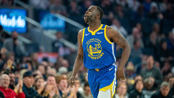 Dec 6, 2024; San Francisco, California, USA; Golden State Warriors forward Draymond Green (23) celebrates after the basket against the Minnesota Timberwolves during the first quarter at Chase Center. Mandatory Credit: Neville E. Guard-Imagn Images