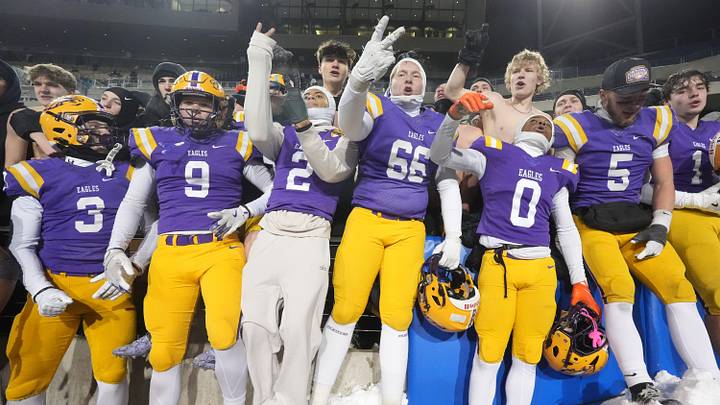 The Avon football team celebrates its win over Cincinnati Anderson in the Division II state championship game, Thursday, Dec. 4, 2025, in Canton.