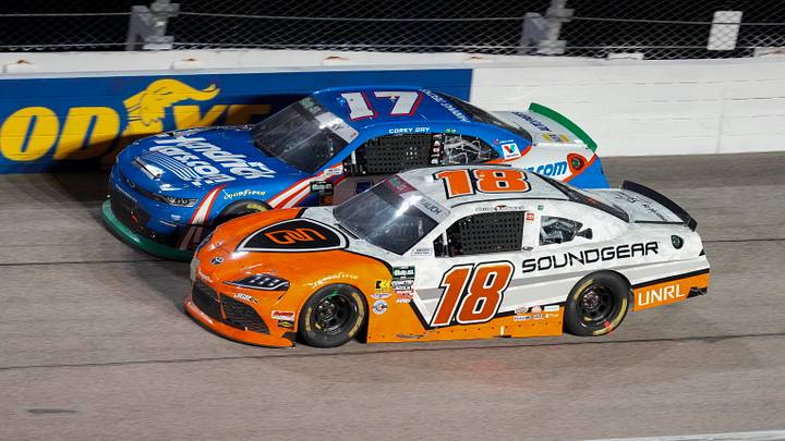 Sep 5, 2026; Darlington, South Carolina, USA; Joe Gibbs Racing driver William Sawalich (18) pulls alongside Hendrick Motorsports driver Corey Day (17) during a caution after the two collided during the Fleetio 200 at Darlington Raceway. Jim Dedmon-Imagn Images Sep 5, 2026; Darlington, South Carolina, USA; Joe Gibbs Racing driver William Sawalich (18) pulls alongside Hendrick Motorsports driver Corey Day (17) during a caution after the two collided during the Fleetio 200 at Darlington Raceway. Jim Dedmon-Imagn Images