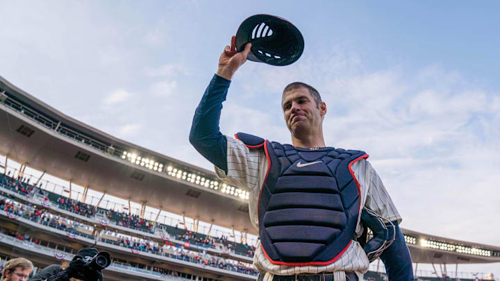 Minnesota Twins first baseman Joe Mauer (7) salutes the fans after the game against Chicago White Sox at Target Field in Minneapolis on Sept. 30, 2018.