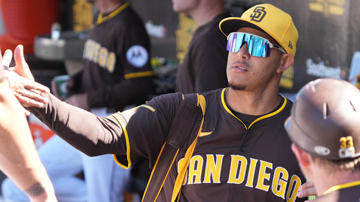 Feb 25, 2025; Peoria, Arizona, USA; San Diego Padres third base Manny Machado (13) gets ready for a game against the Los Angeles Angels at Peoria Sports Complex. Mandatory Credit: Rick Scuteri-Imagn Images