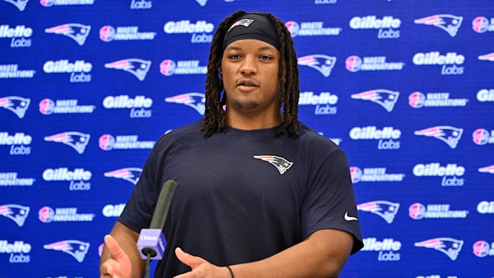 May 9, 2025; Foxborough, MA, USA; New England Patriots center Jared Wilson (58) speaks to the media after rookie camp at Gillette Stadium. Mandatory Credit: Eric Canha-Imagn Images May 9, 2025; Foxborough, MA, USA; New England Patriots center Jared Wilson (58) speaks to the media after rookie camp at Gillette Stadium. Mandatory Credit: Eric Canha-Imagn Images