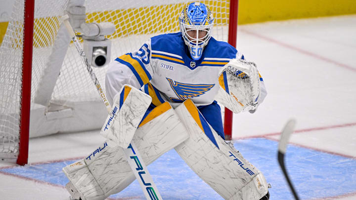 Feb 4, 2026; Dallas, Texas, USA; St. Louis Blues goaltender Jordan Binnington (50) faces the Dallas Stars attack during the third period at the American Airlines Center. Mandatory Credit: Jerome Miron-Imagn Images