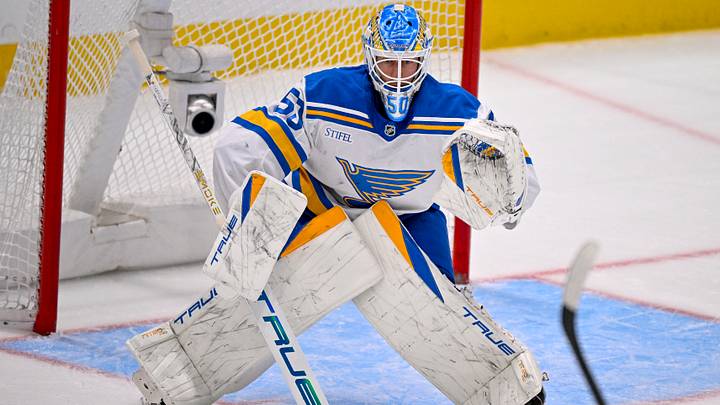Feb 4, 2026; Dallas, Texas, USA; St. Louis Blues goaltender Jordan Binnington (50) faces the Dallas Stars attack during the third period at the American Airlines Center. Mandatory Credit: Jerome Miron-Imagn Images Feb 4, 2026; Dallas, Texas, USA; St. Louis Blues goaltender Jordan Binnington (50) faces the Dallas Stars attack during the third period at the American Airlines Center. Mandatory Credit: Jerome Miron-Imagn Images