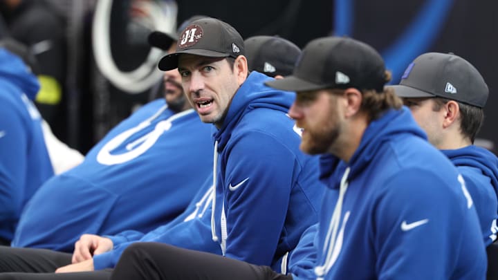 Jan 4, 2026; Houston, Texas, USA;  Indianapolis Colts head coach Shane Steichen sits on the sidelines prior to a game Houston Texans at NRG Stadium. Mandatory Credit: Troy Taormina-Imagn Images